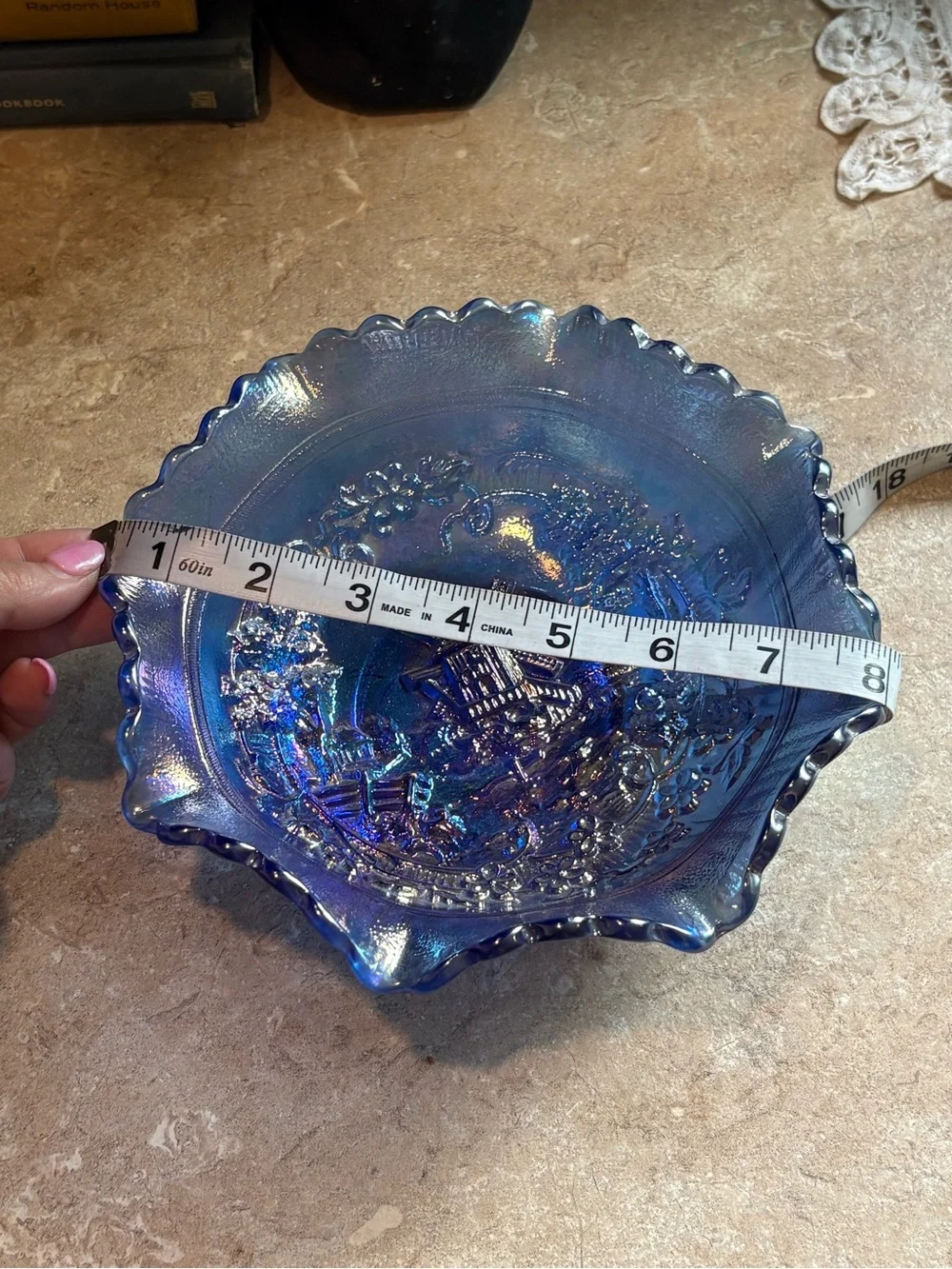 Vintage L.E Smith Carnival Glass Windmill Iridescent Blue Ruffled Glass Bowl 8”